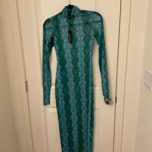 AFRM Teal Snake Print Long Sleeve Dress